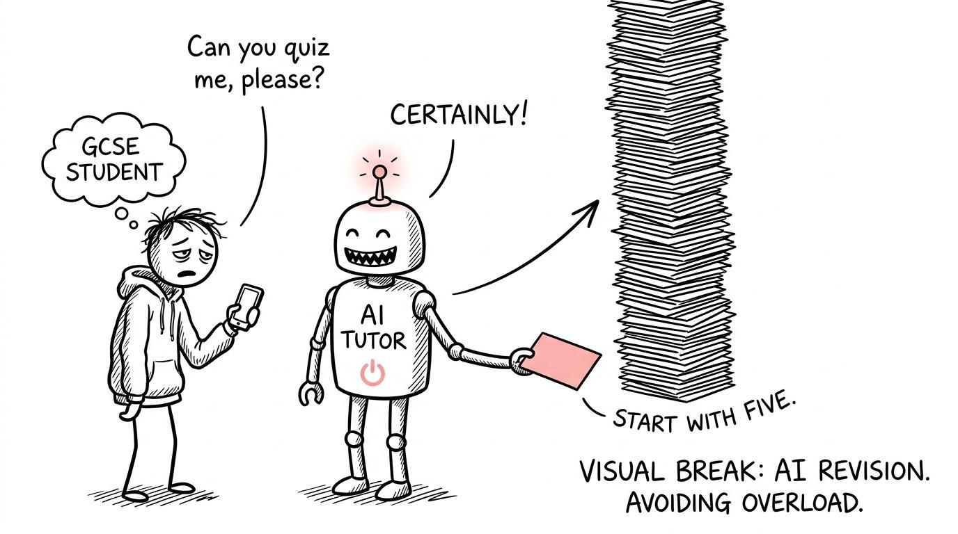 A GCSE student asks an AI robot for five flashcards and receives an enormous stack
