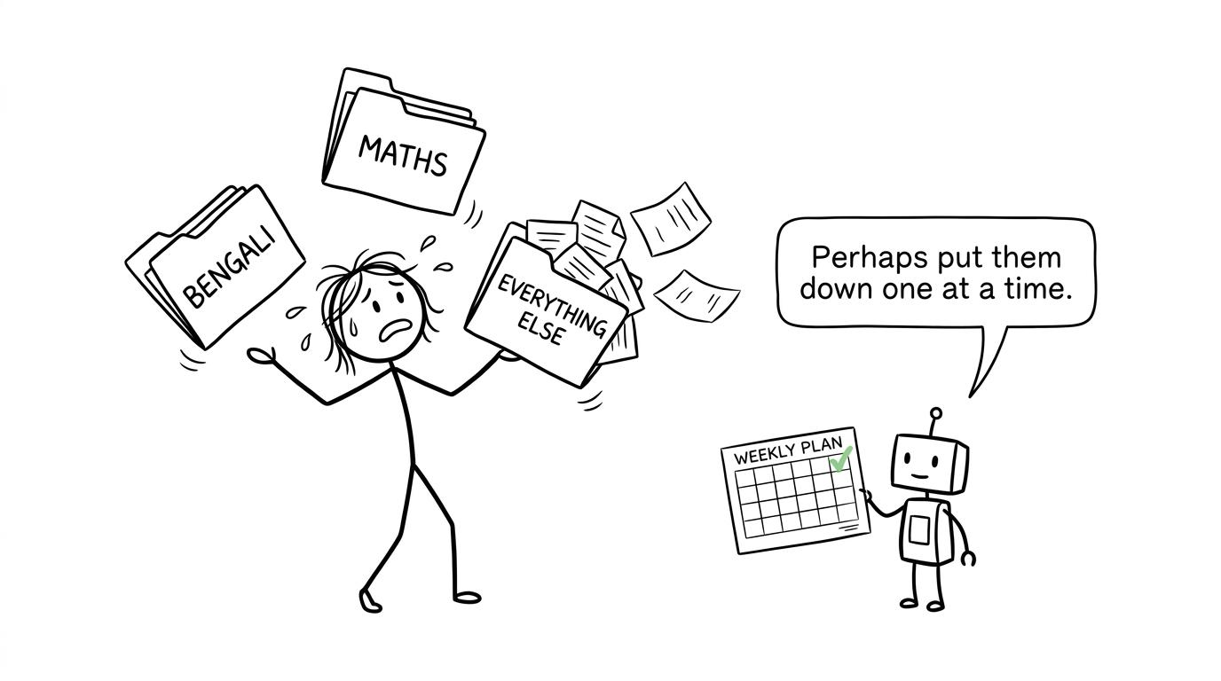 A student learns to balance Bengali, maths and other GCSE revision one folder at a time