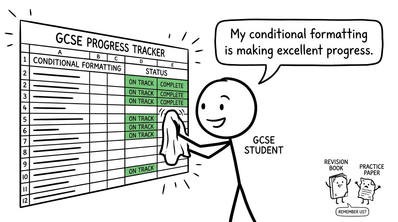 A student polishing a spreadsheet while practice work waits nearby