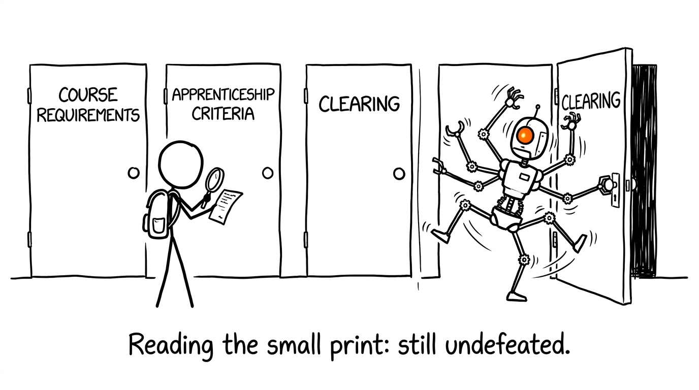 A calm student reads the small print while a robot panics