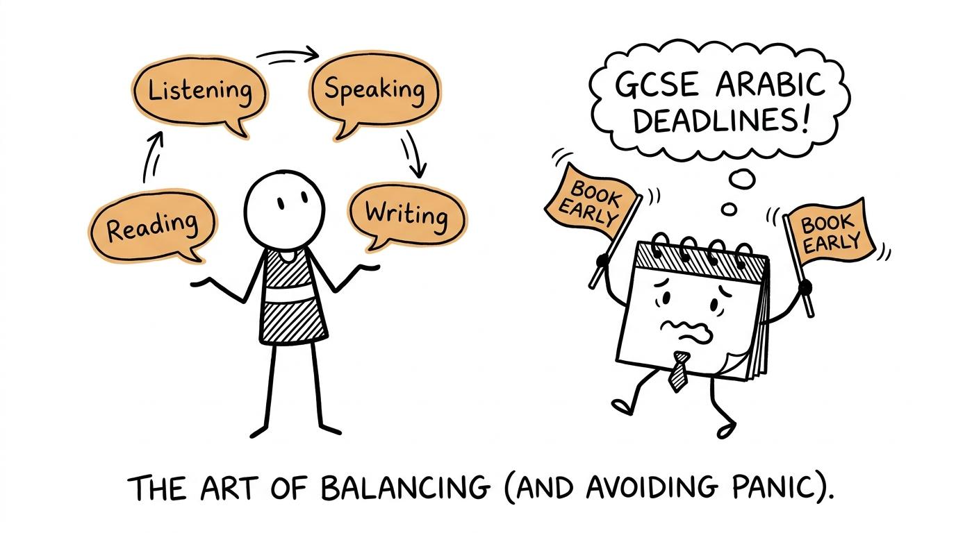 A student balancing the four GCSE Arabic skills while a calendar urges early booking