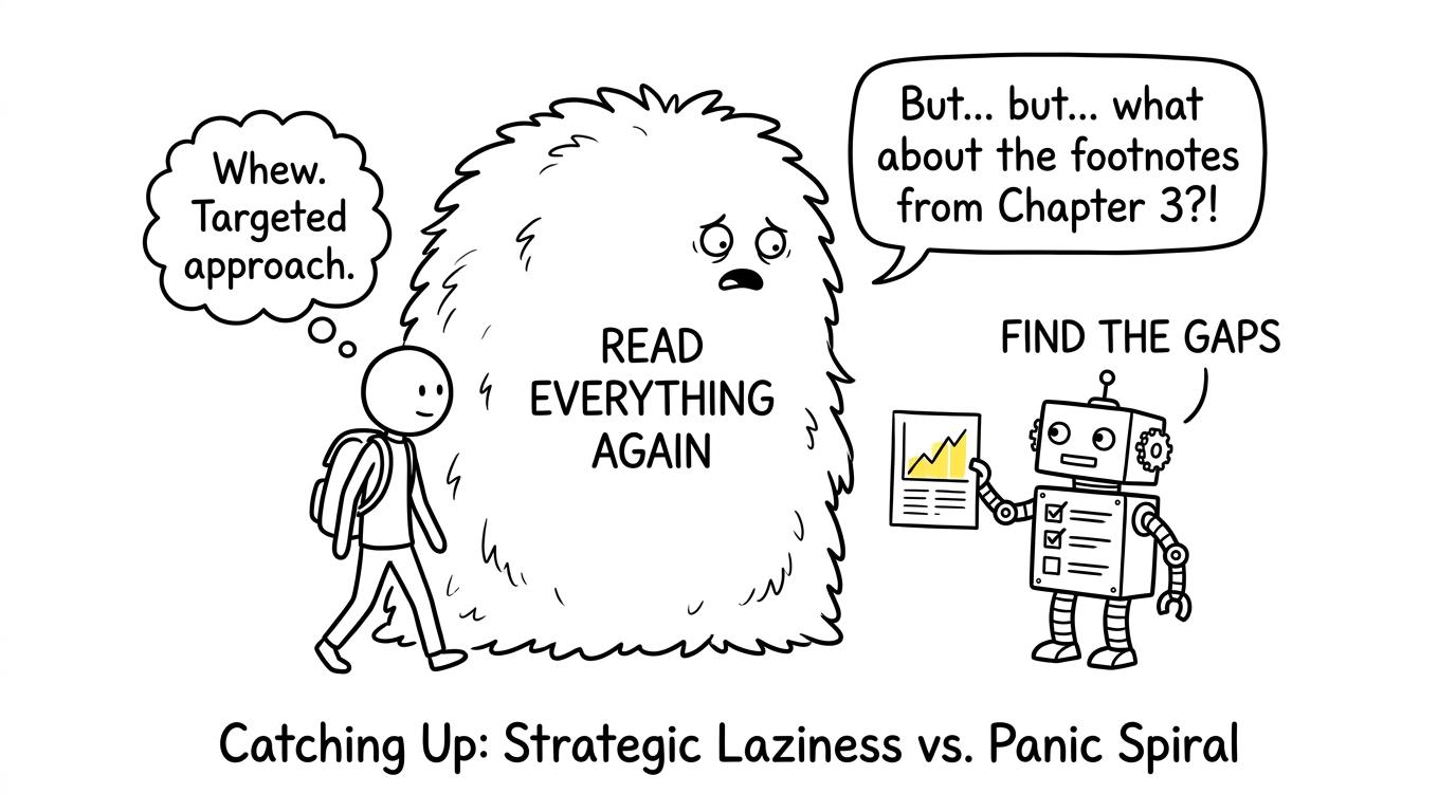 A student follows a small gap-finding robot rather than an enormous reread-everything monster