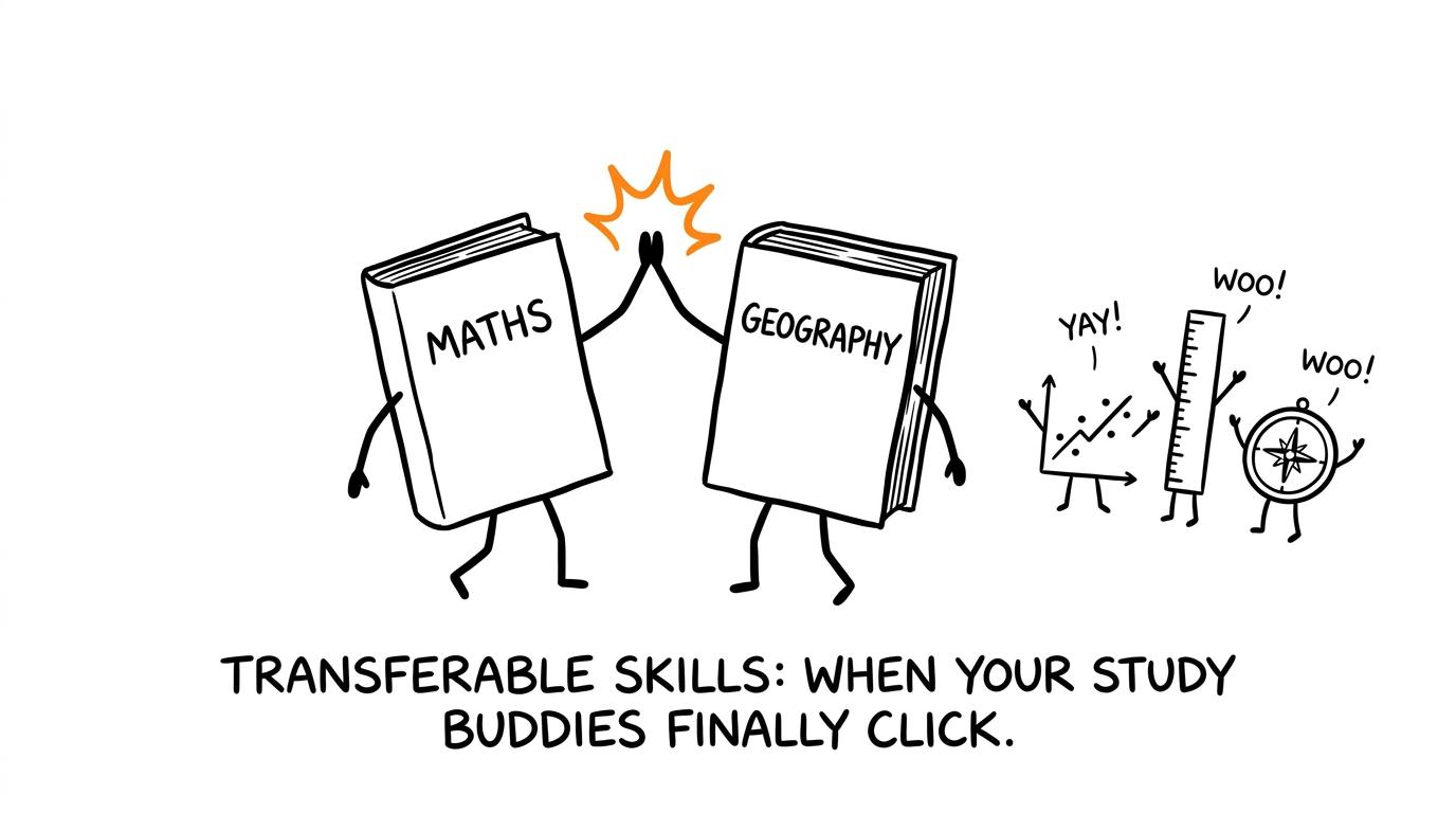 Maths and Geography books high-fiving while a ruler, map symbol and graph cheer