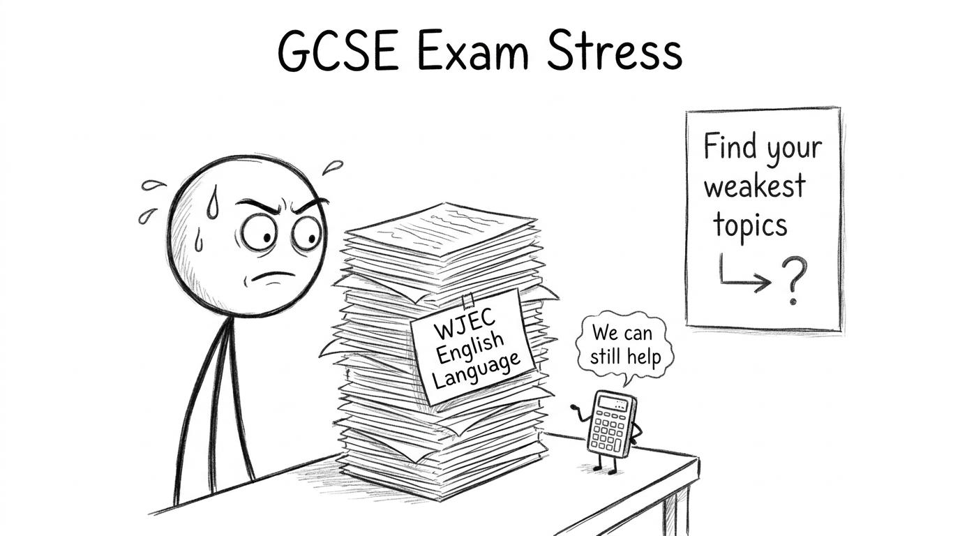 A student overwhelmed by papers while a calculator whispers “We can still help”