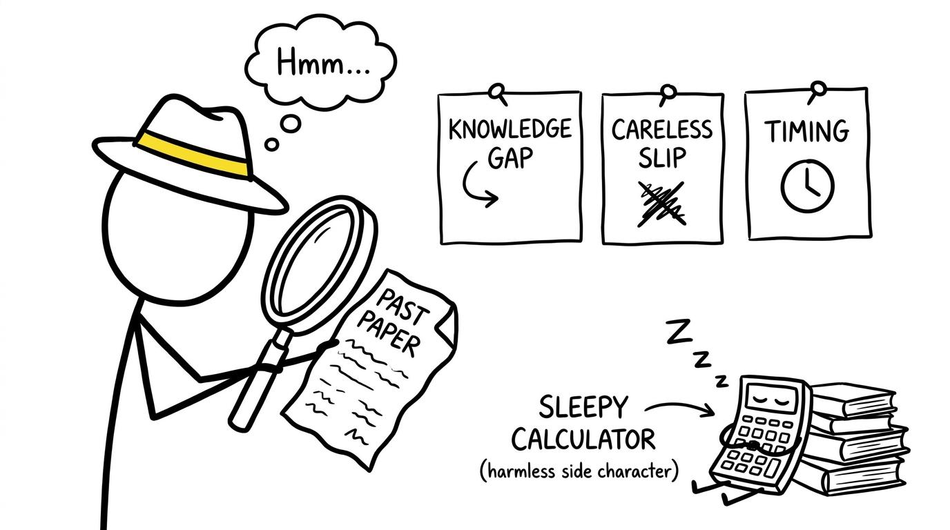 A student detective classifies mistakes from a paper while a sleepy calculator watches