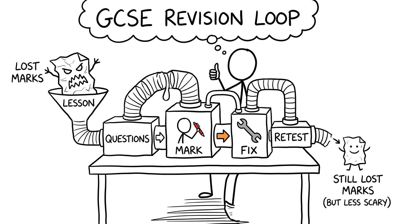 A revision machine makes a lost-marks monster smaller through practice and correction