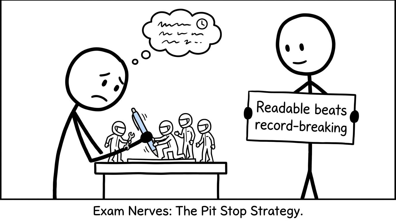 A tiny exam pit crew changes a student's pen while an examiner reminds them that readable writing beats record-breaking speed