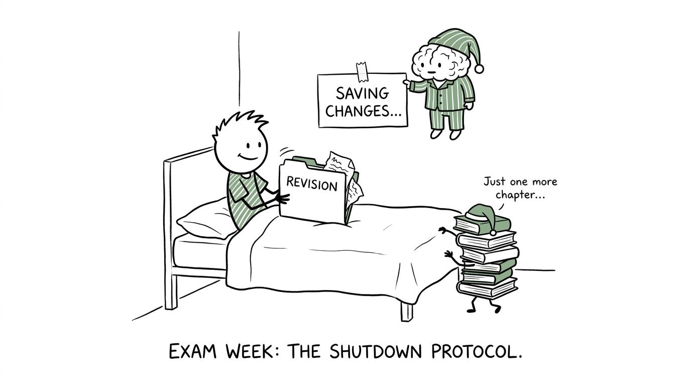 A cartoon brain saves the day's revision while a pile of books tries to sneak past bedtime