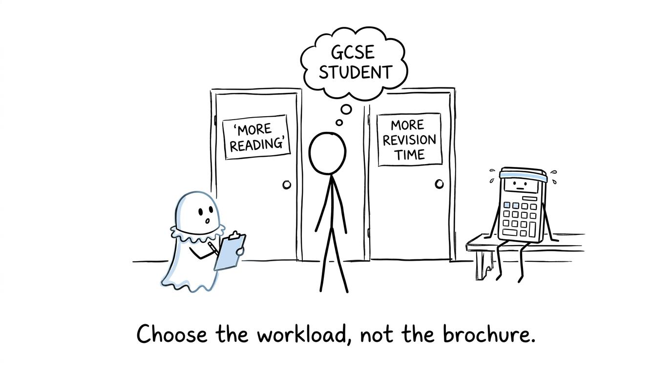 A student choosing between reading and revision while Shakespeare holds a clipboard