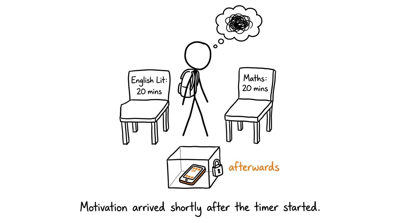 A student balancing short English Literature and maths sessions while the phone waits in a box