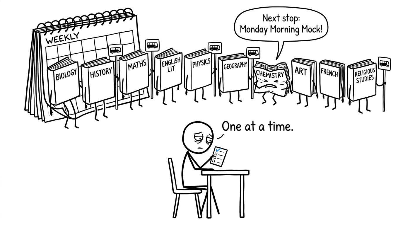 A student calmly handling a queue of exam subjects one at a time