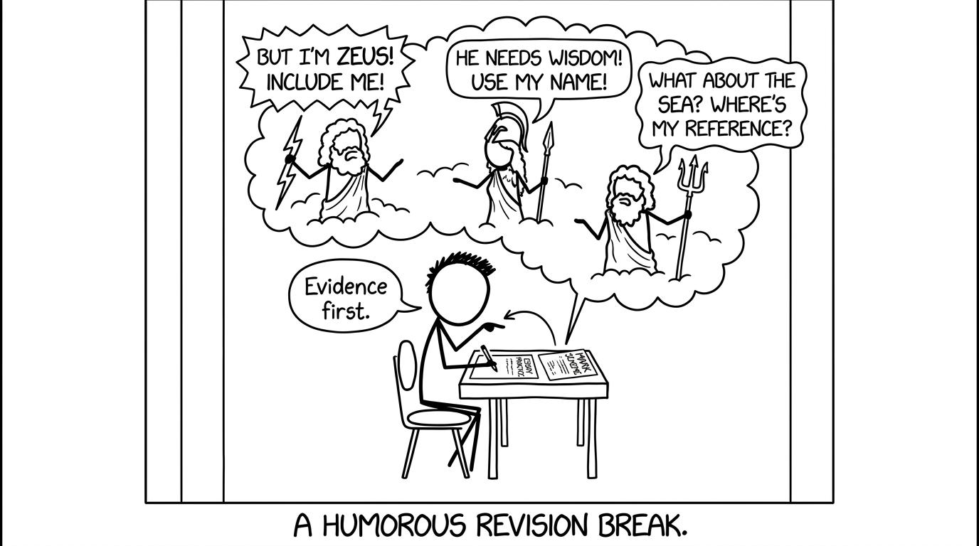 A student insisting on evidence while Greek gods argue above an essay