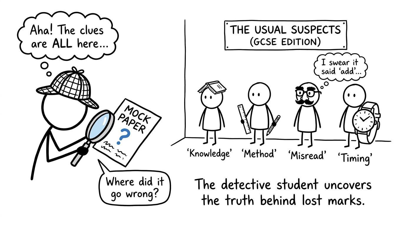 A mock-paper detective interviews Knowledge, Method, Misread and Timing as possible suspects