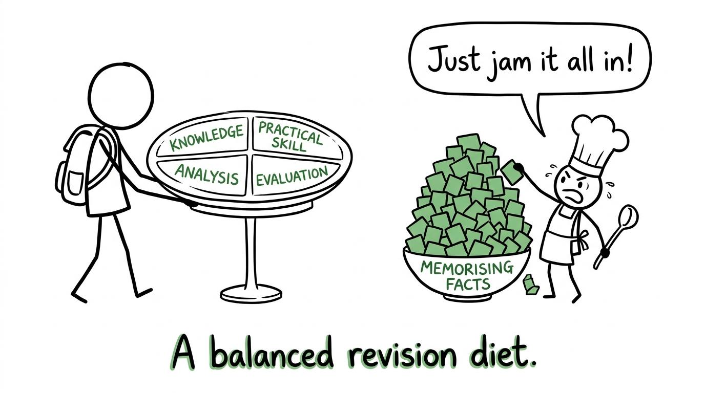 A balanced revision diet of knowledge, skill and evaluation