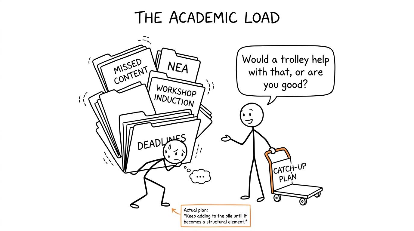 A student carrying missed-content folders while a teacher offers a catch-up-plan trolley