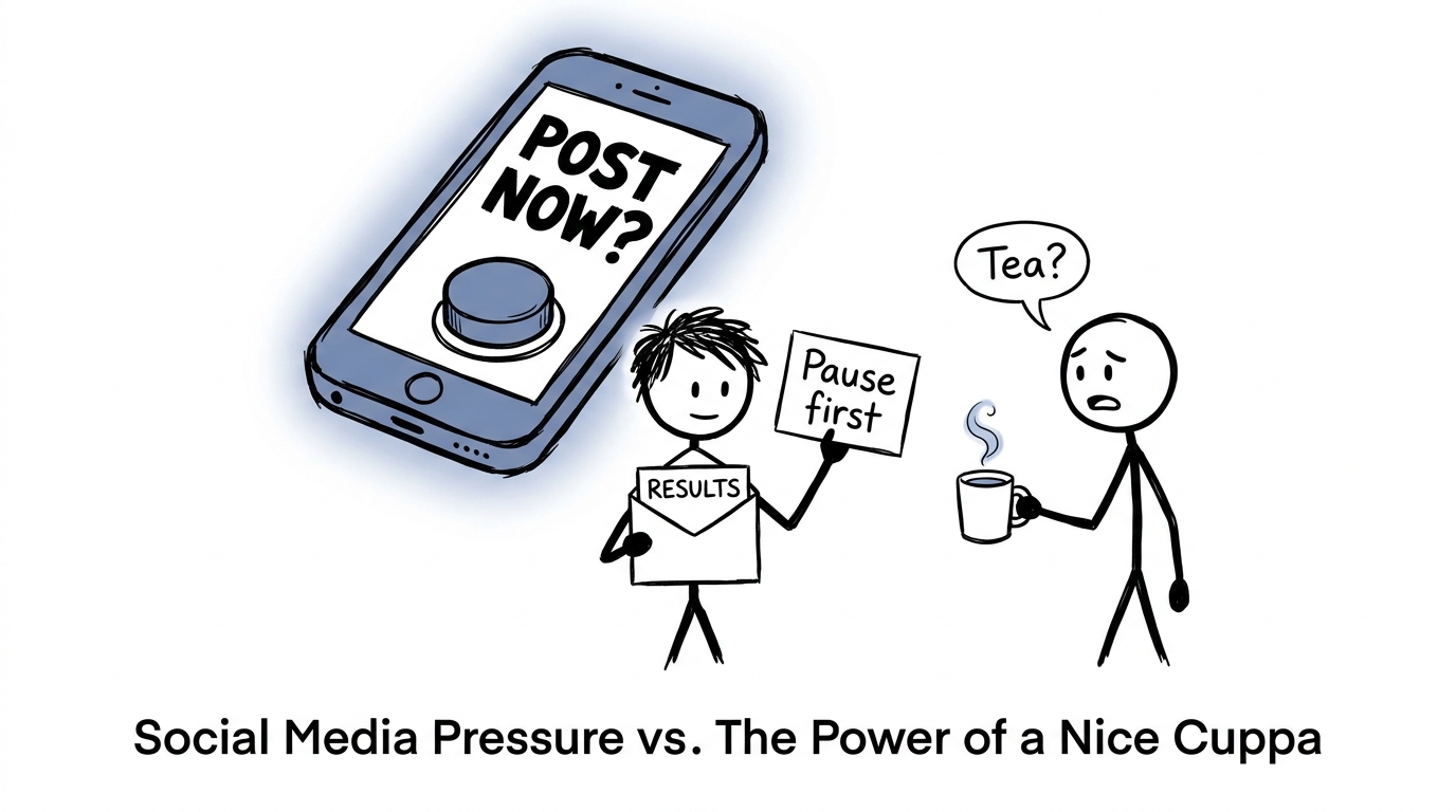 A student calmly pauses before pressing an enormous social media button