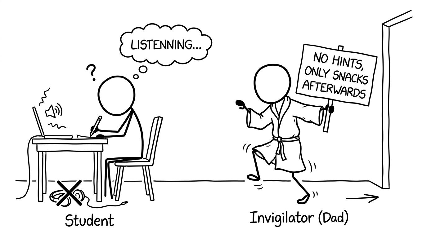 A suspiciously serious home invigilator guards a listening practice session