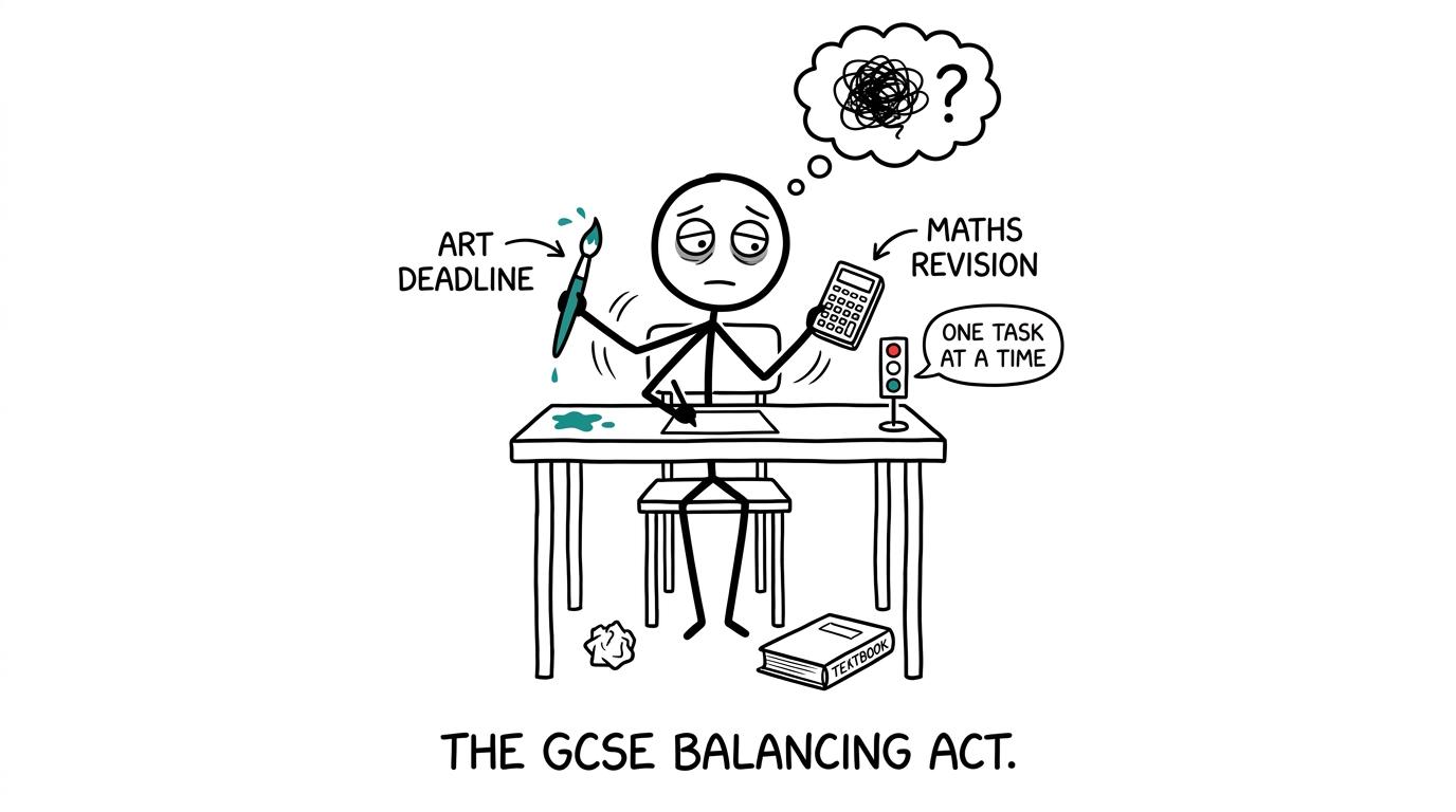 A student balances an art deadline and maths revision with a one-task-at-a-time light