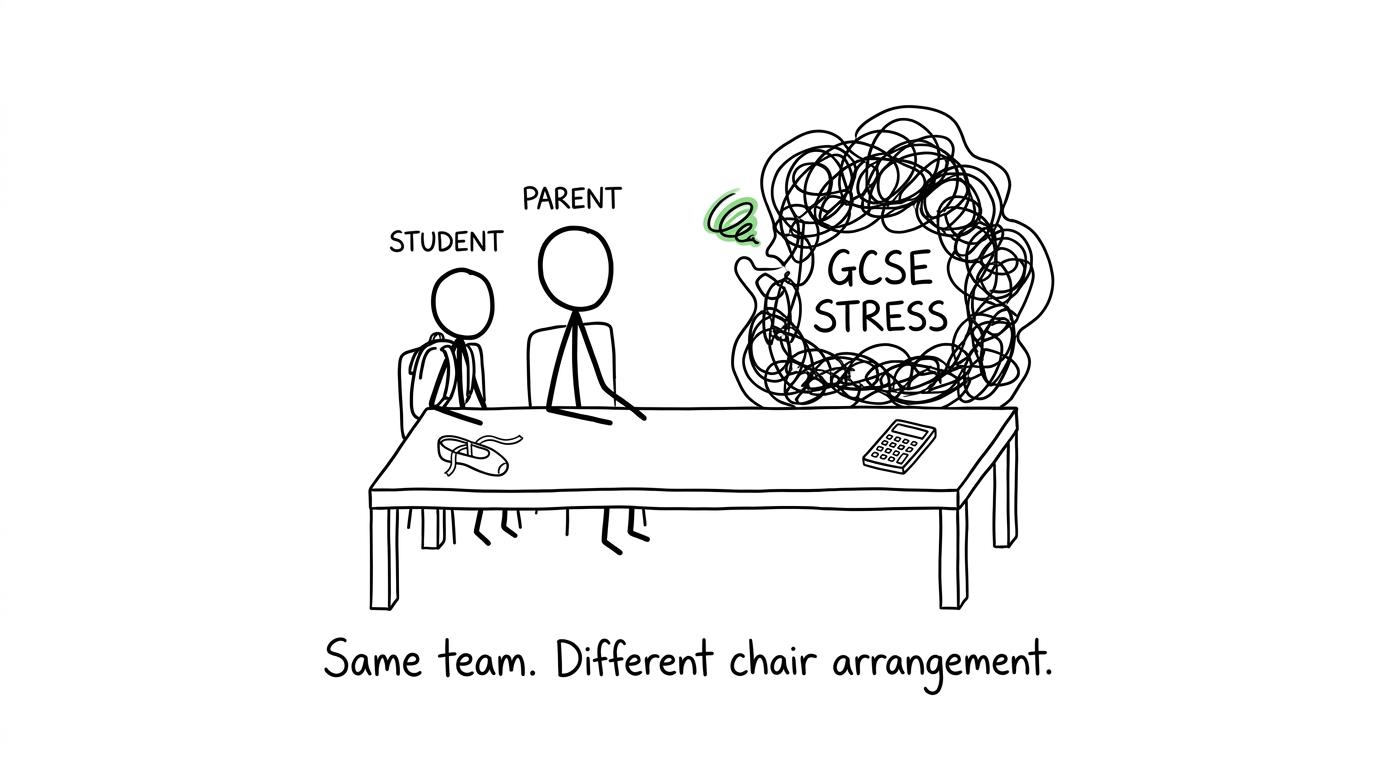 A student and parent face the GCSE stress problem together rather than opposing each other
