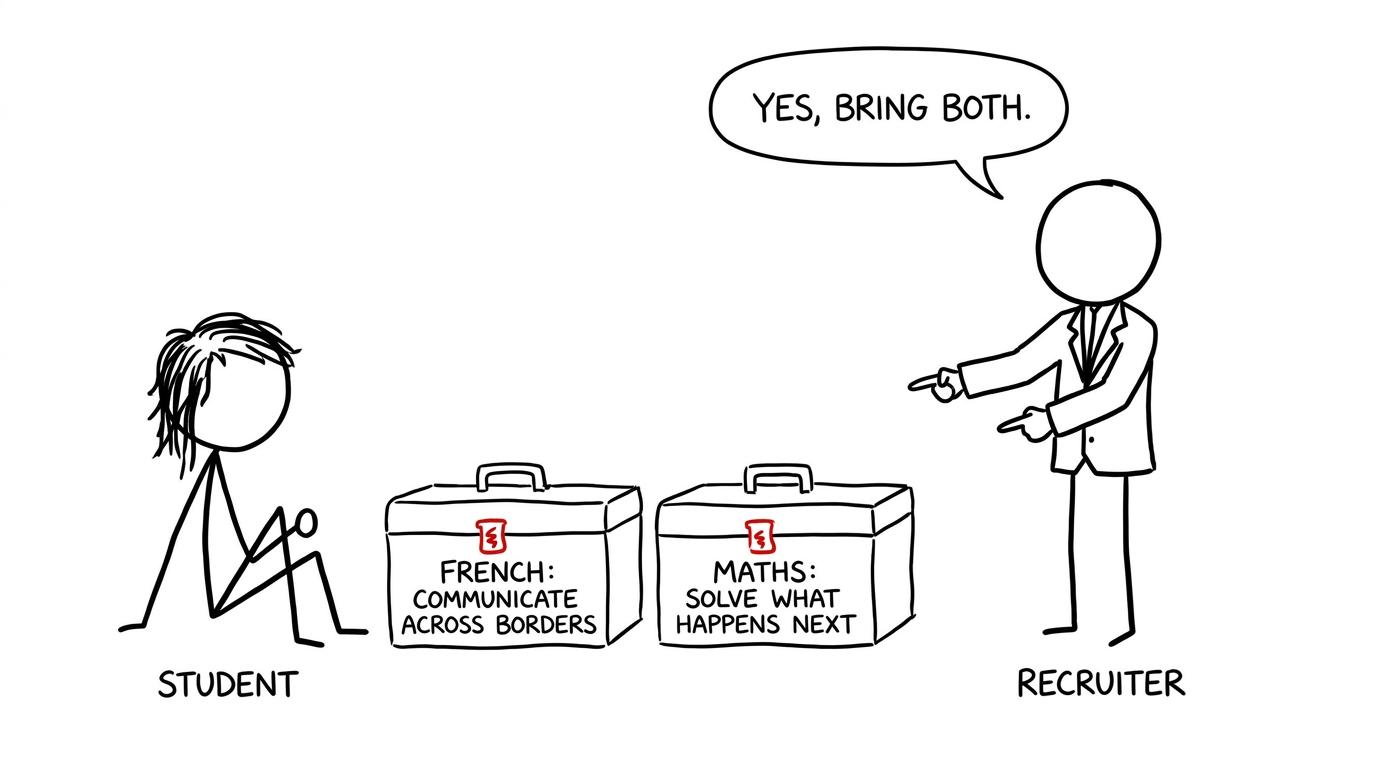 A recruiter asks a student to bring both language and maths skills