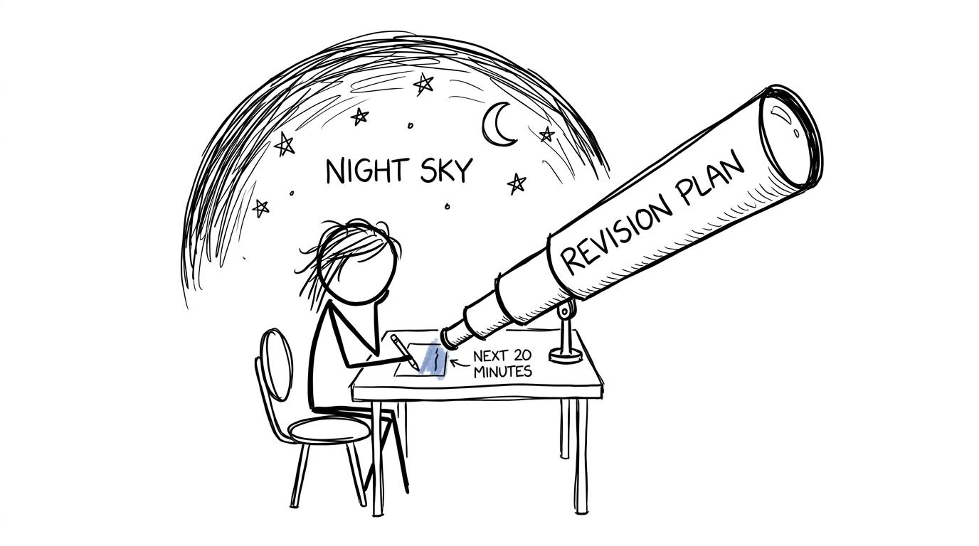 A tired student discovers that the next twenty minutes matter more than an enormous revision plan