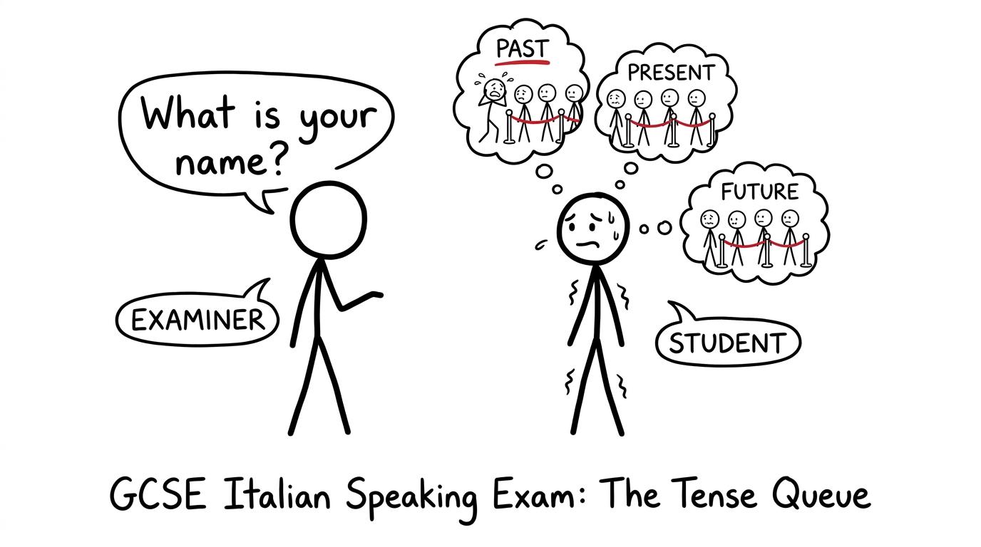Past, present and future wait politely to enter a GCSE Italian speaking answer