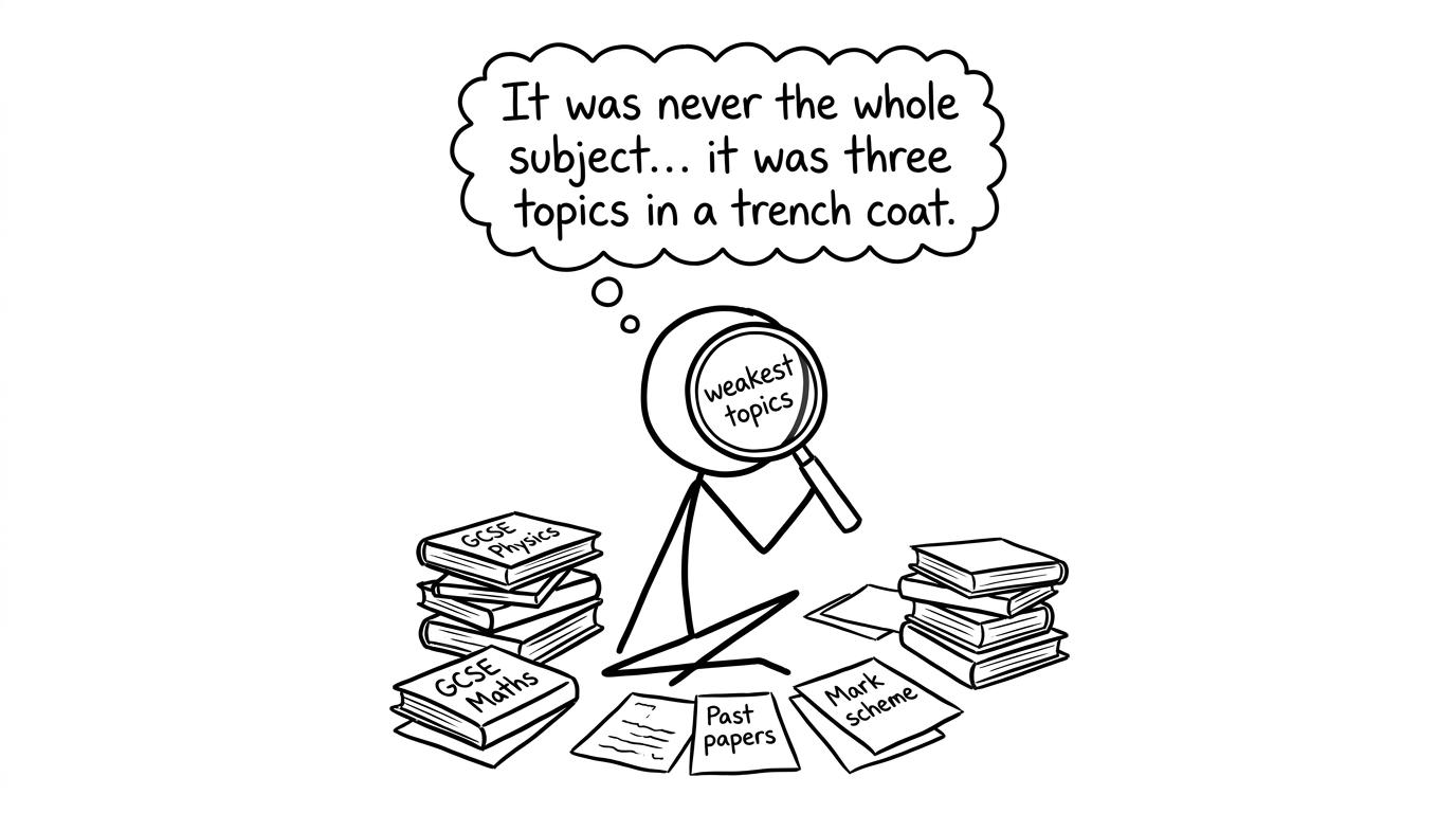 Student with magnifying glass finding weak topics