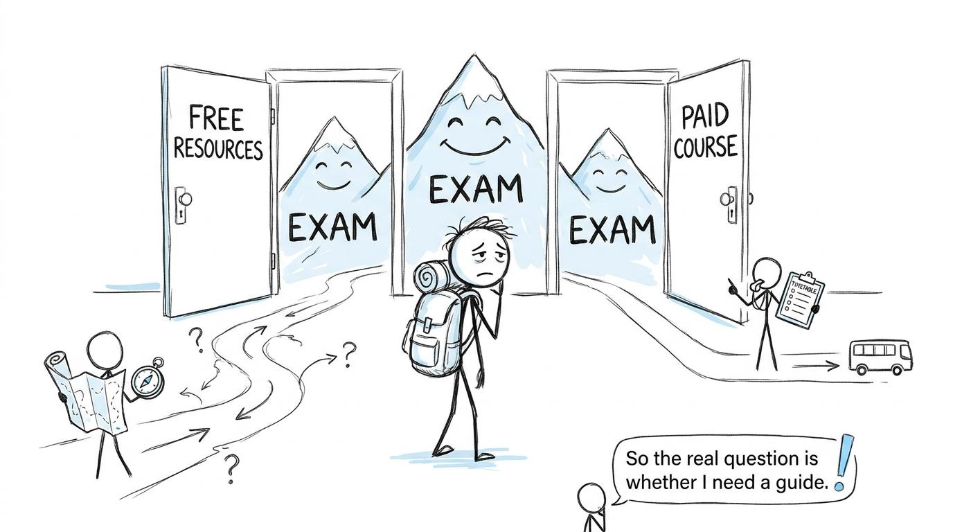 A student choosing between free revision resources and a paid course
