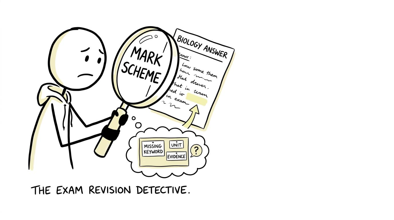 A GCSE student uses a mark scheme like a detective examining missing keywords, units and evidence