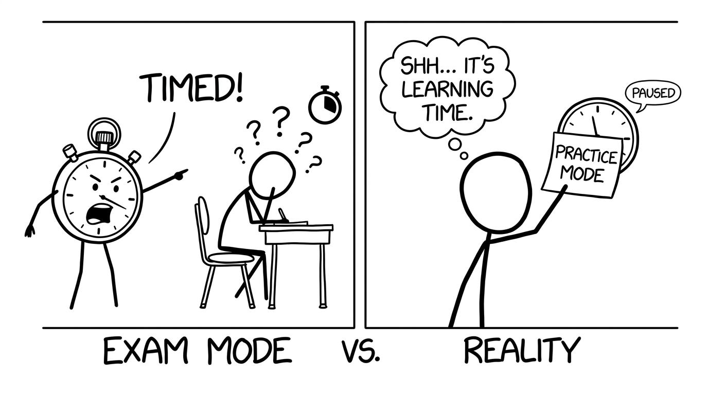 A stopwatch shouting “TIMED!” while a sticky note says “practice mode”