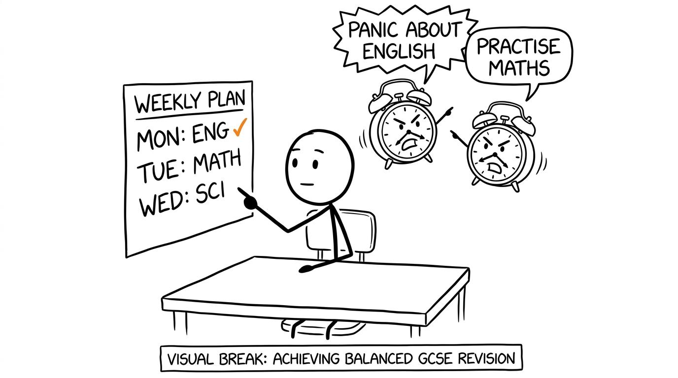 A calm student chooses a balanced revision plan while two alarm clocks argue about what deserves panic