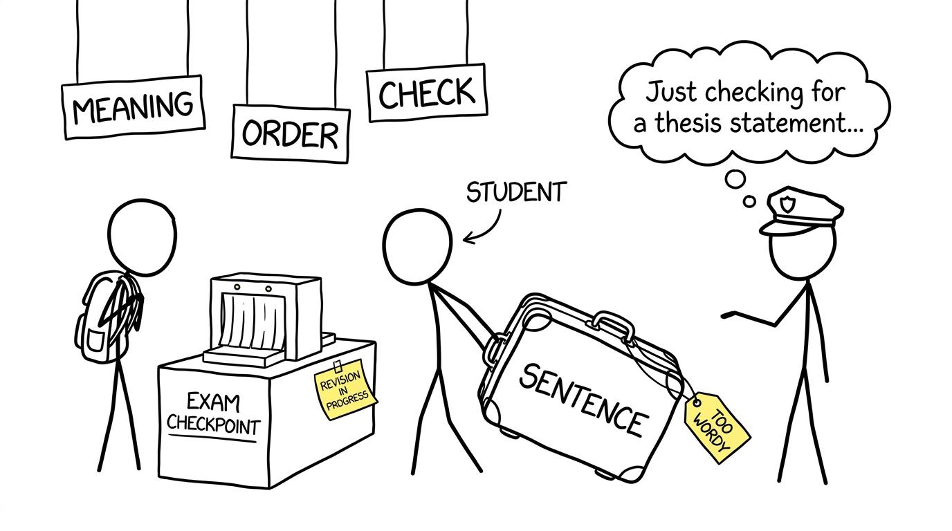 A tiny answer-security checkpoint checks meaning, order and clarity