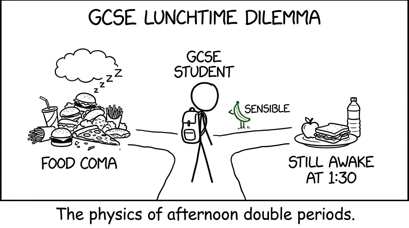 A student chooses between a giant food-coma lunch and a sensible pre-exam meal