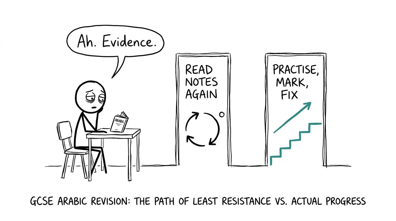 A student choosing between rereading and a practise-mark-fix revision loop