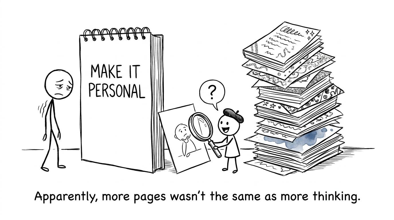 A student discovers that more sketchbook pages do not automatically mean more thinking