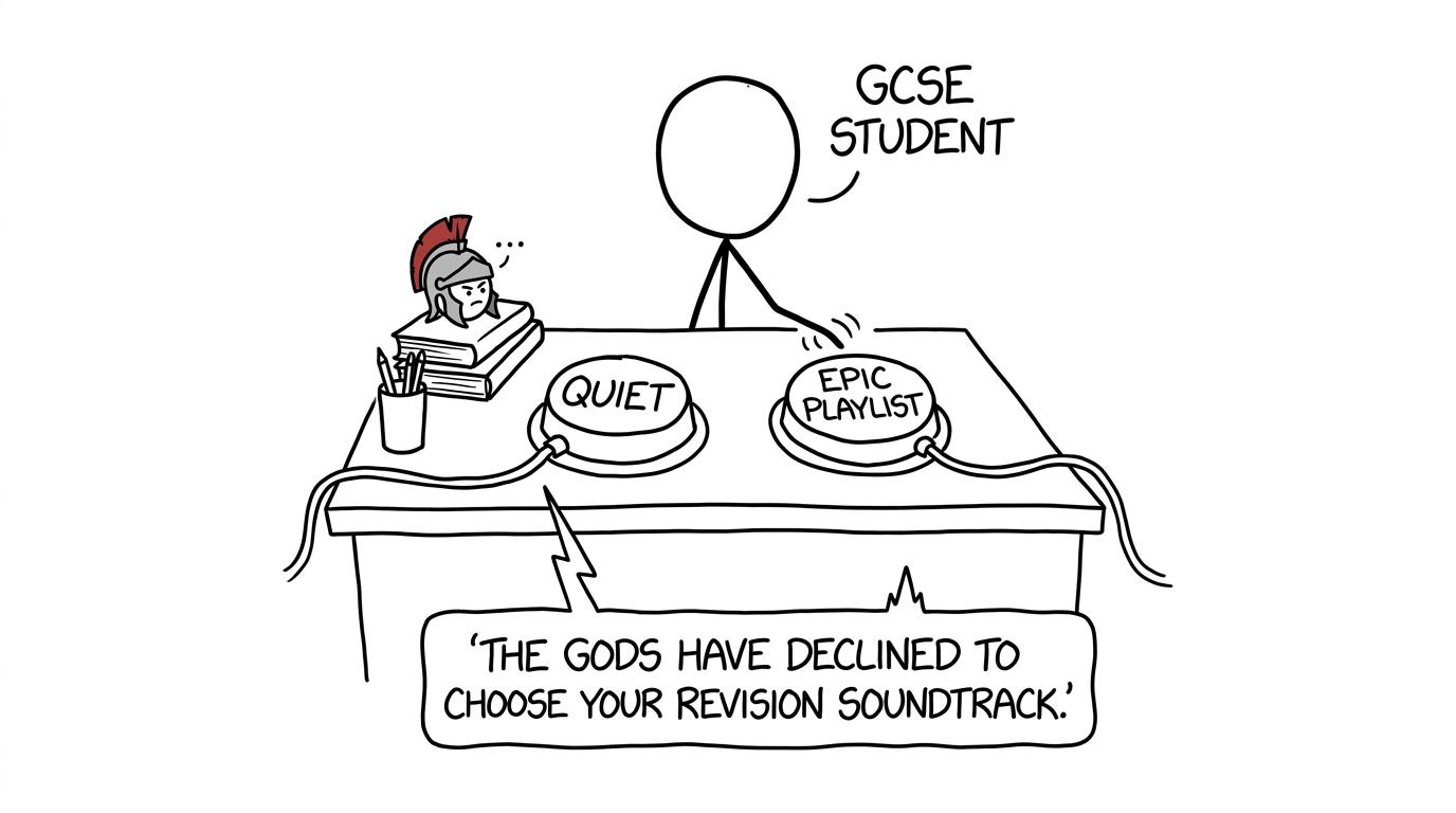 A student asks the gods to choose between silence and a revision playlist