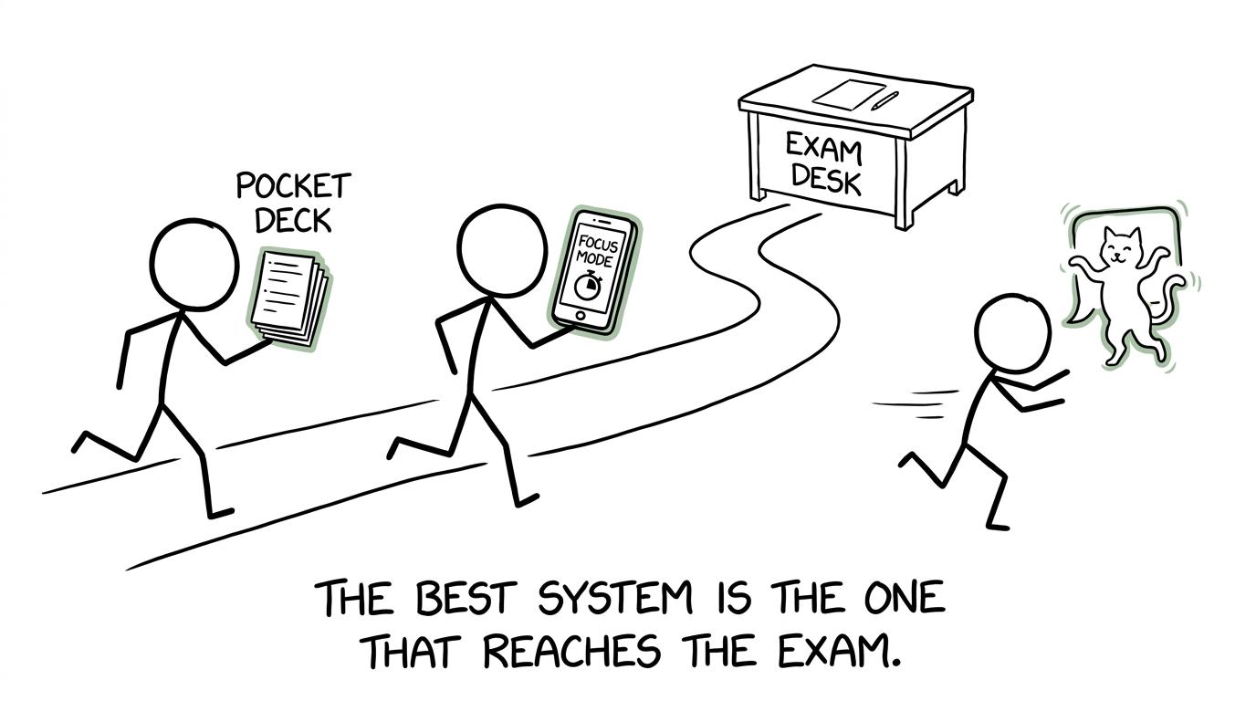 Paper and app revision systems race towards an exam while a third student chases a notification