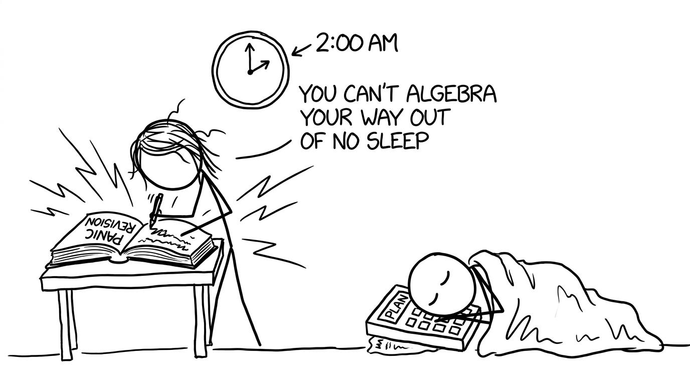 Two students: one panic-highlighting, one choosing sleep