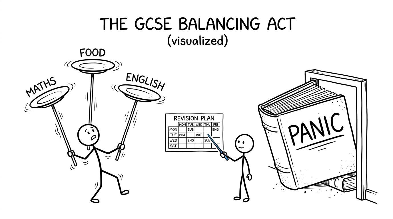A student balancing maths, food and English revision while panic becomes a doorstop