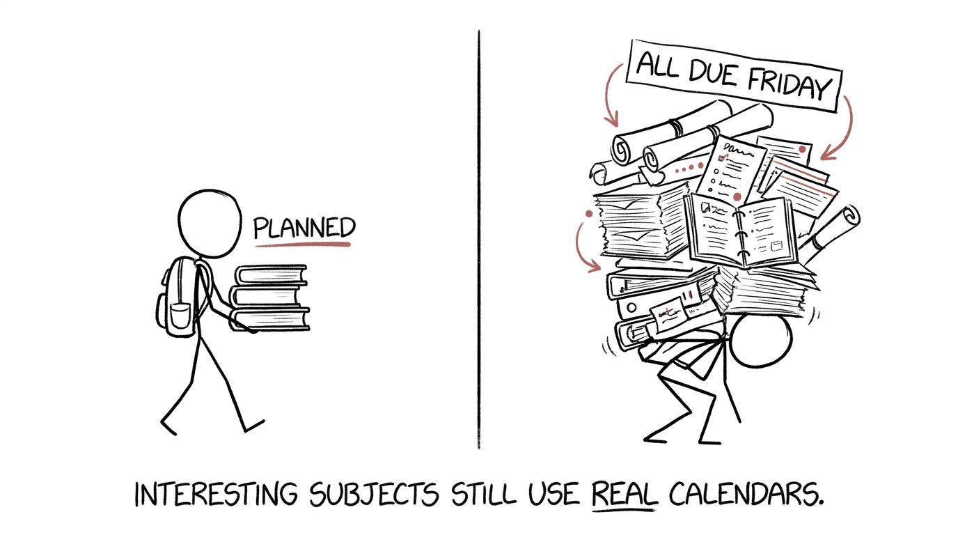 One student plans revision while another meets the legendary all-due-Friday deadline