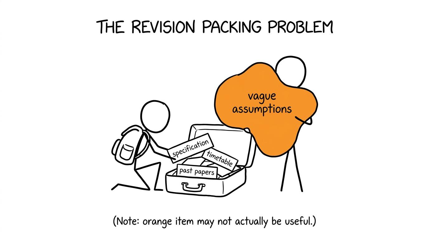 A student packs specifications and past papers but leaves vague assumptions behind