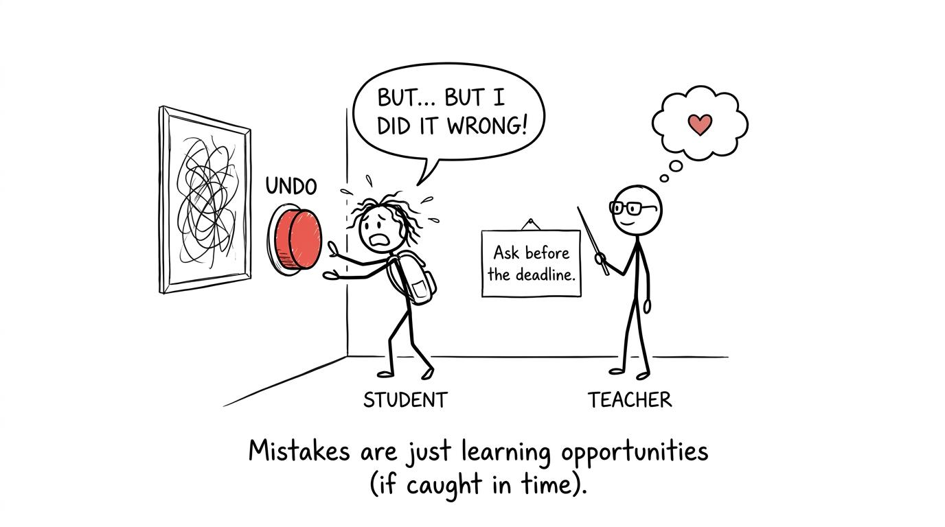 A student looking for an undo button while a teacher points towards the deadline