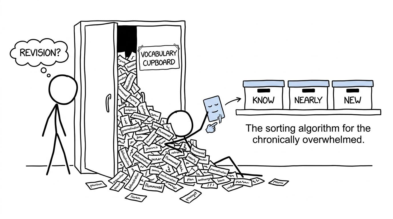 A student organises an avalanche of vocabulary cards into three useful groups