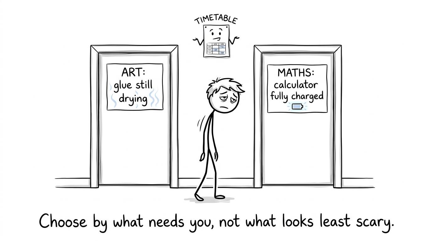 A student choosing between Art and maths revision doors