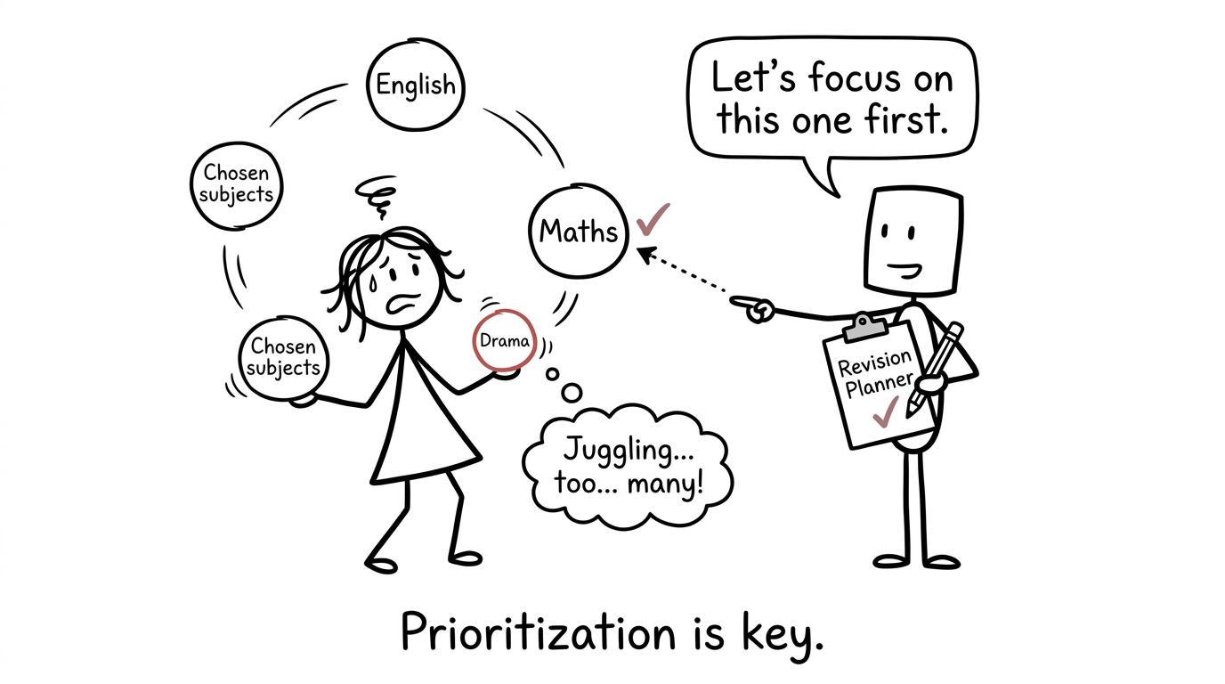 A student juggles Maths, English, chosen subjects and Drama while a planner suggests one priority at a time