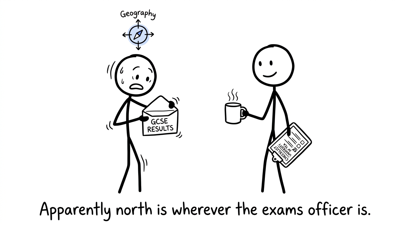 A nervous student follows a Geography compass towards the exams officer
