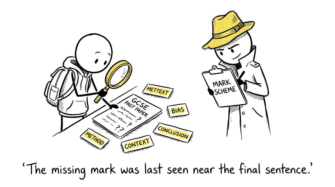A student investigates a missing mark with clues about method, context, bias and conclusions