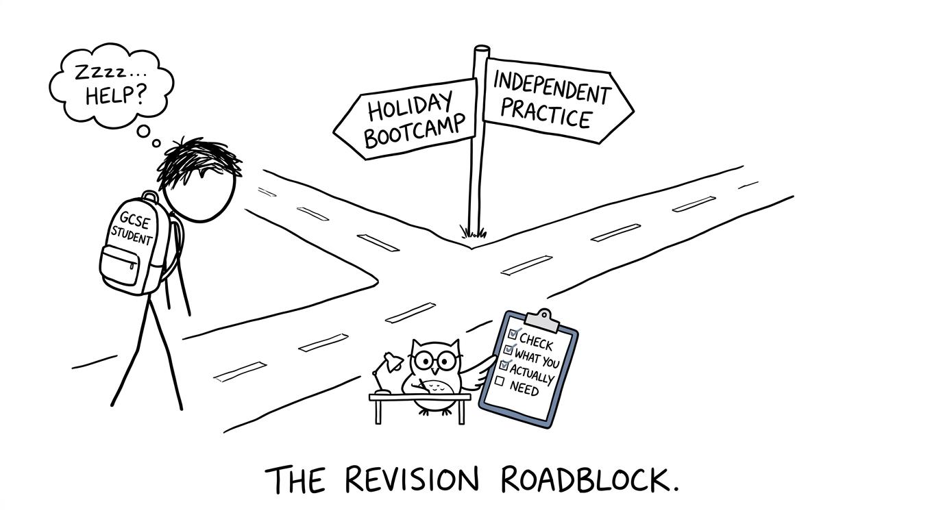 A student choosing between a holiday bootcamp and independent revision while an owl checks what is actually needed