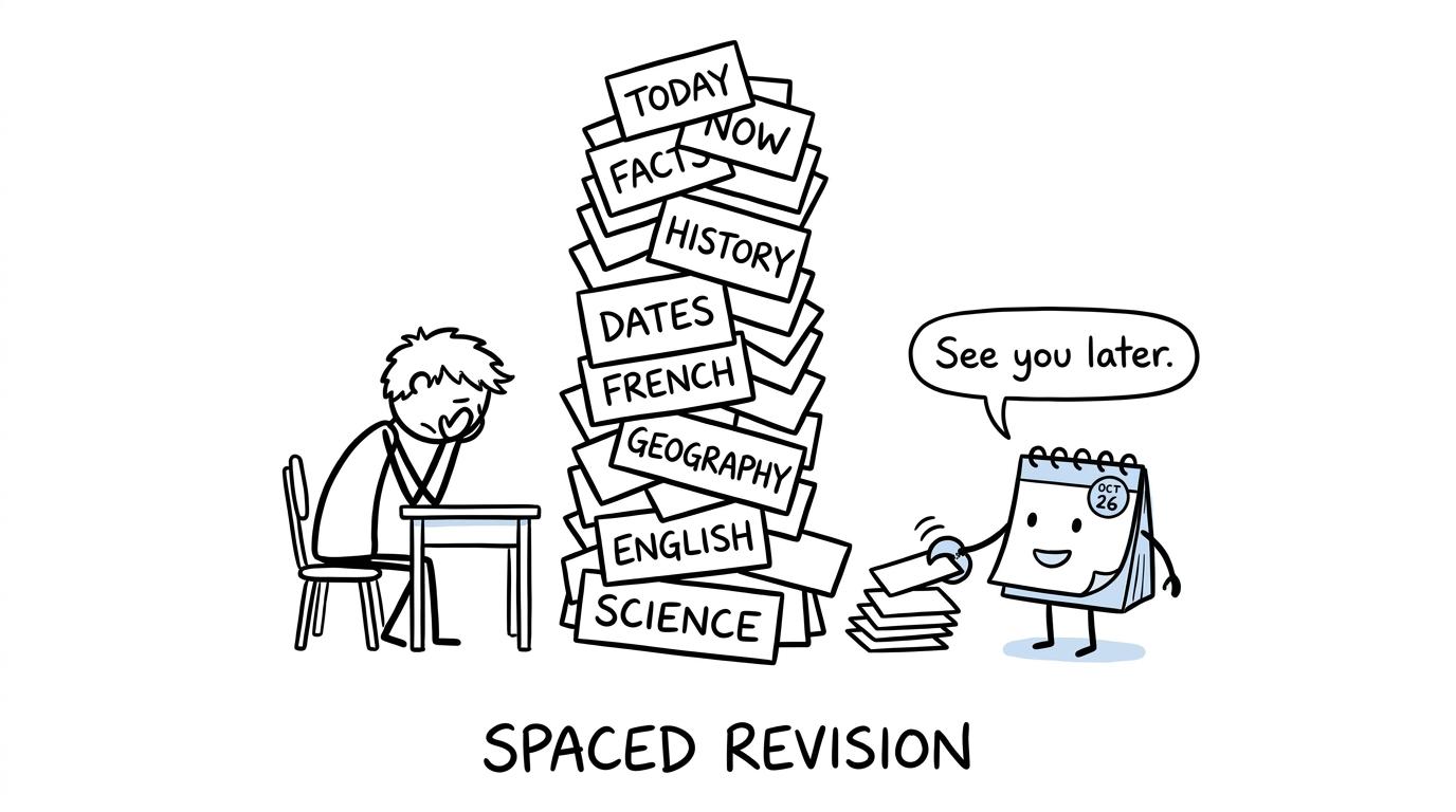 A student discovers that a small calendar can defeat a tower of revision cards