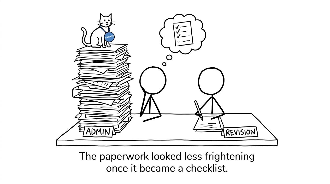 A cat guards an enormous administration pile while a student creates a calm checklist